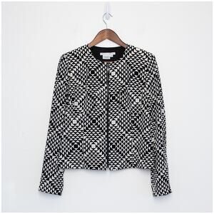 Maggy London Geometric 100% Silk Zip Front Statement Jacket Black White Sz 8